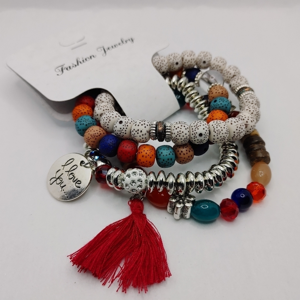 Boho 4PC Beaded Bracelet Set Charm Tassel Wing Stack Stretch Colorful NWT - Picture 4 of 6
